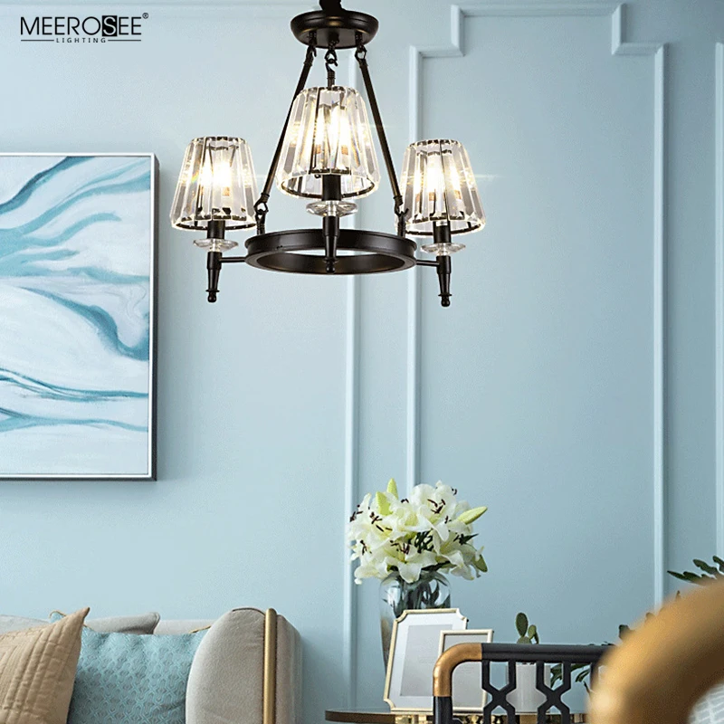 Meerosee Round Crystal Chandelier Vintage Iron Hanging Ceiling Light Flush Mount Lighting Fixture for Farmhouse Bedroom MD86797