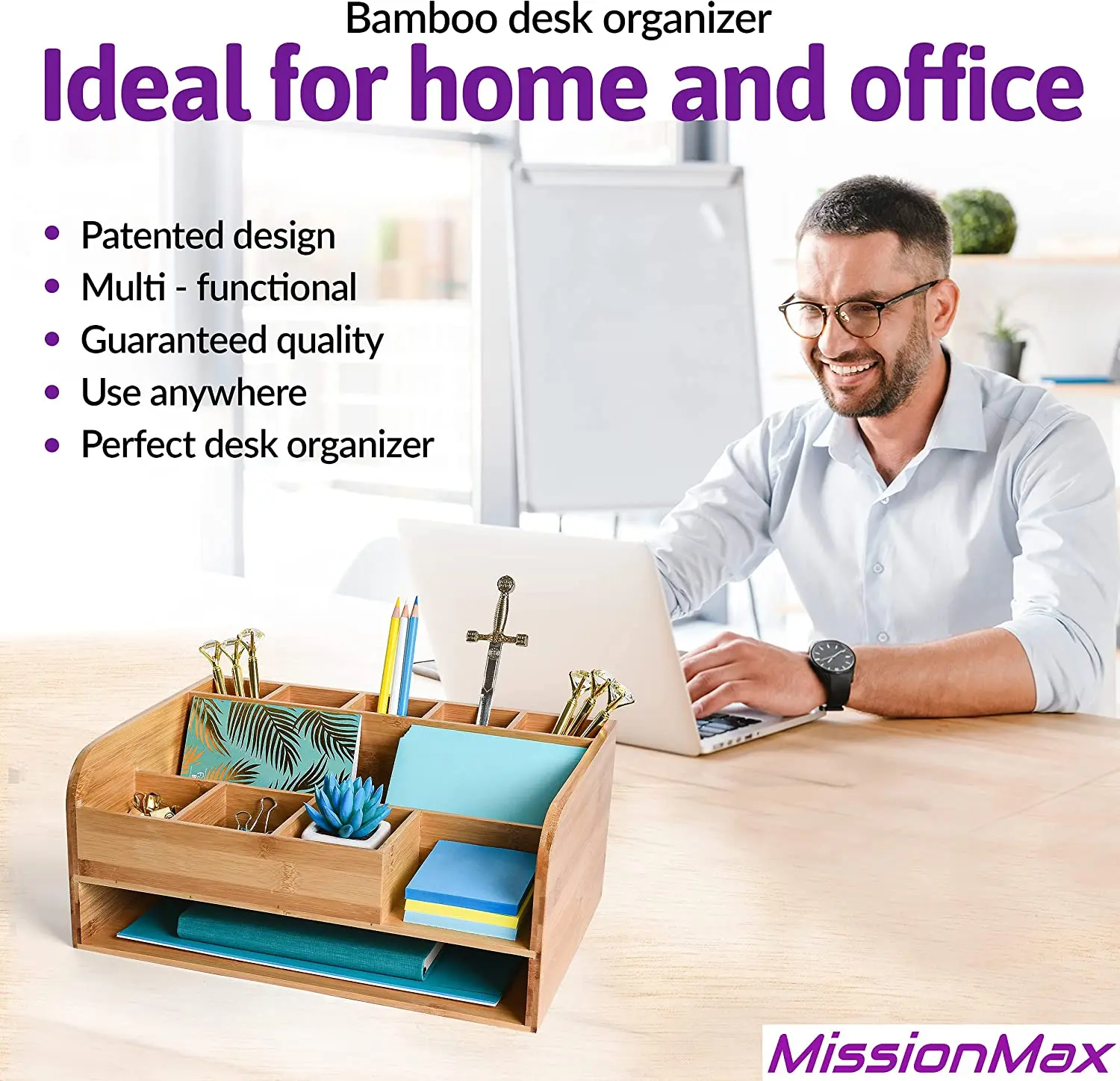 Bamboo Wood Desk Organizer With File Organizer For Office Supplies ...