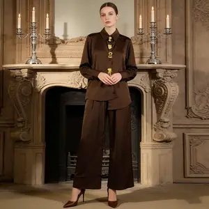 AELESEEN Designer Fashion Office Ladies Set Women Autumn Winter Temperament Slimming Button Blouse + Long Pants 2 Piece Set