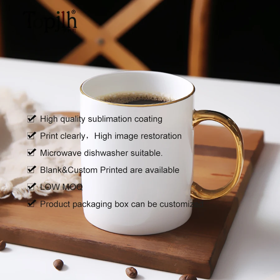 Topjlh Classical Luxury 11oz Gold Handle White Ceramic Mug Sublimation Blank Custom Printable Coffee Cup Wholesale Bulk