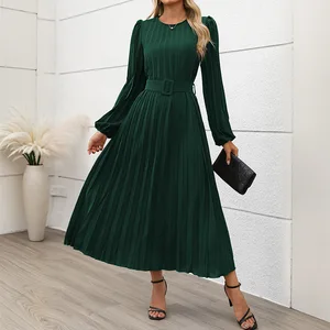 Elegant Dignified Women's Summer Casual Dress for Europe United States New Long Sleeve Pleated Neck High Dress Chiffon