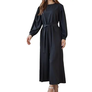 Wholesale Middle East Muslim Women's Dress with Waist Simple Solid Color Women's Plain Dress