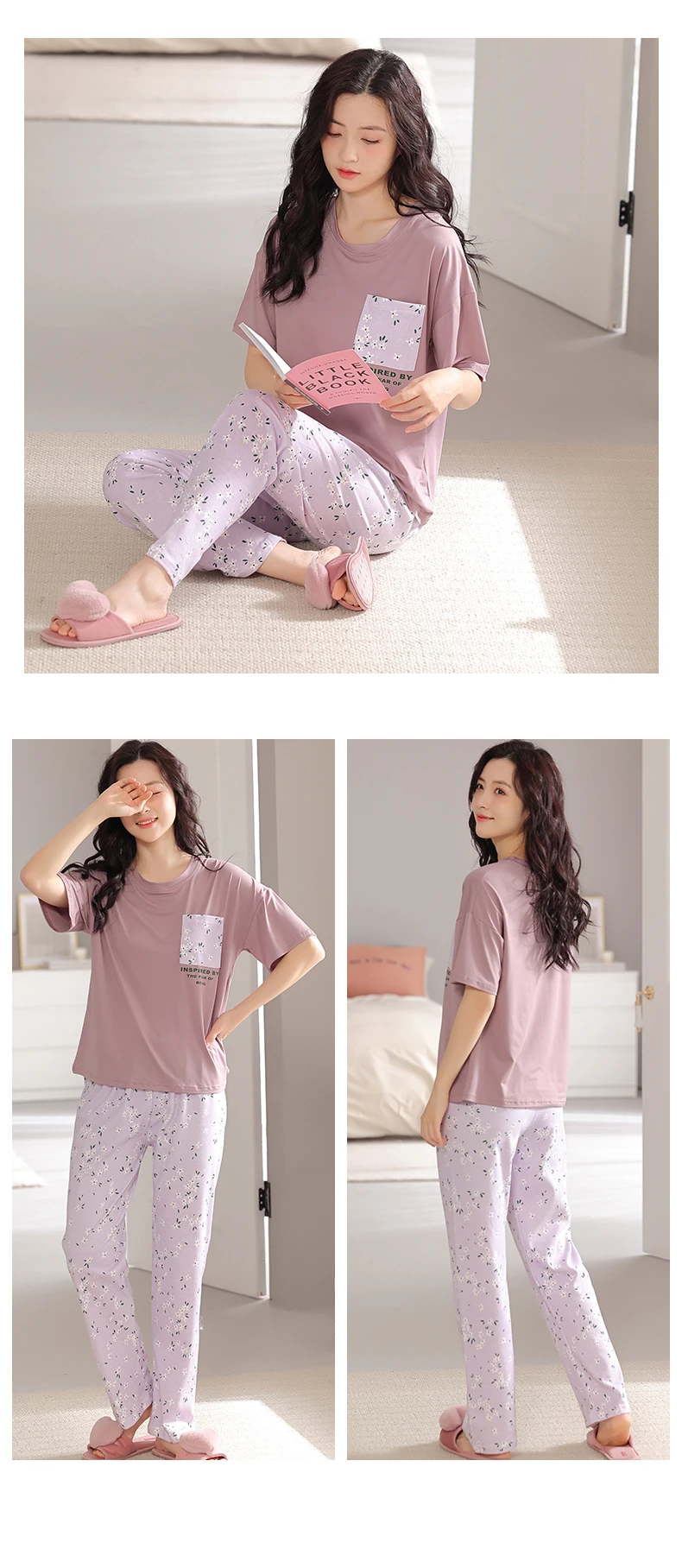 Print Set Floral Cotton Piyama Nightgown Korean Sleepwear Pijama