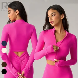 Roregal Women Long-sleeved Sports Coat Outdoor Running Training Zipper Jacket Yoga Fitness Wear Crop Top
