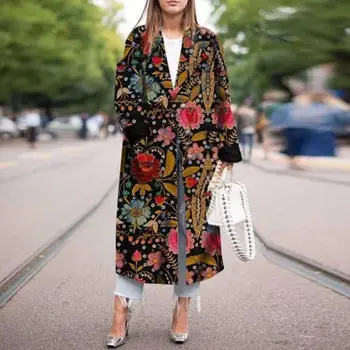 2022 Fall Winter Printed Colorful Winter Fashionable Blocked Long Jacket Plus Size Women's Coats Trench Coats For Ladies Women