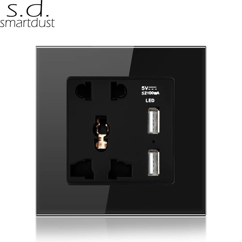 Universal 5 Pin Outlet Plug 10A Compatible WIFI Glass Panel Electric Multi Socket Wall Socket With 2 USB Ports