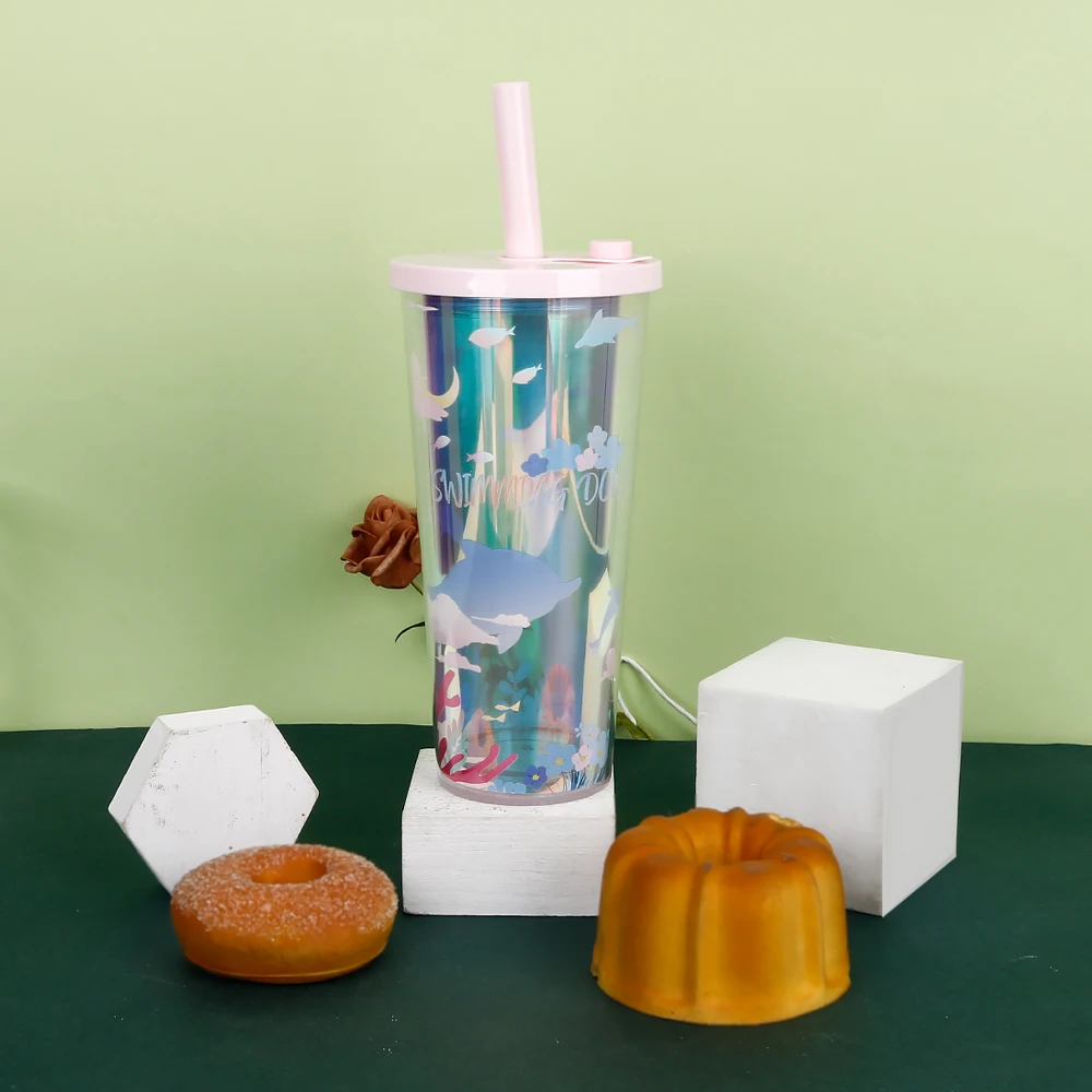 24oz Customized Reusable Tumbler Cup Logo Double Wall Insulated Plastic Coffee Tumbler With Straw and Lid
