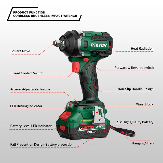 Dekton-A1520 Cordless Tools Impact Wrench-Adjustable Torque 1600N.m Brushless Motor Cordless Tools Lithium Ion Batteries factory