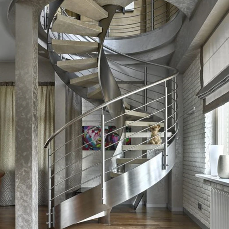 Modern Design Solid Wooden Tread Curved Staircase Powder-Coated Durable for Indoor Hotel Use