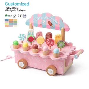 EDULAND Pretend Play Wooden Ice Cream Cart Children Simulation Dessert Shop Stand Toy Early Educational Kitchen Toys for Kids