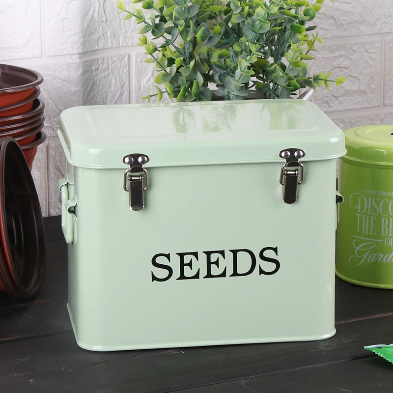 Garden Planting Storage Seed Box Tool Classification with Lock Seeds Storage Container Galvanized Iron Green Seed Tin Box