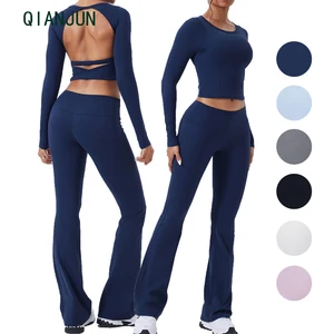 Customs Logo Women's Gym Fitness Set Sexy Twist Bare Midriff Long Sleeve Top Breathable Legging Pant Pilates Sports Yoga Set