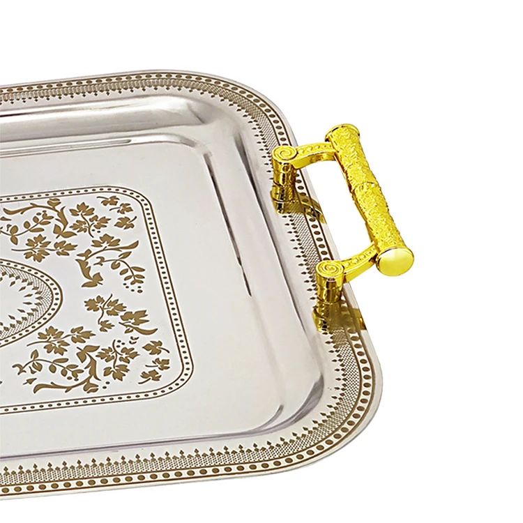 Wholesale Arabic Style Decorative Luxury Rectangle Stainless Steel Hotel  3pcs Set Food Serving Trays with Handle