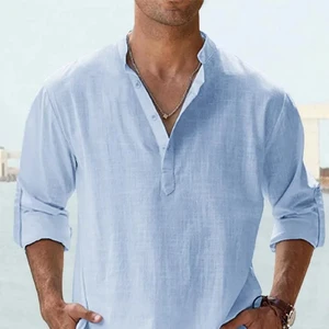 100% Cotton Twill Spring Summer Fashion Men's Sports Shirt Casual Long Sleeve Stand Collar Solid Color Anti-Wrinkle Loose Fit