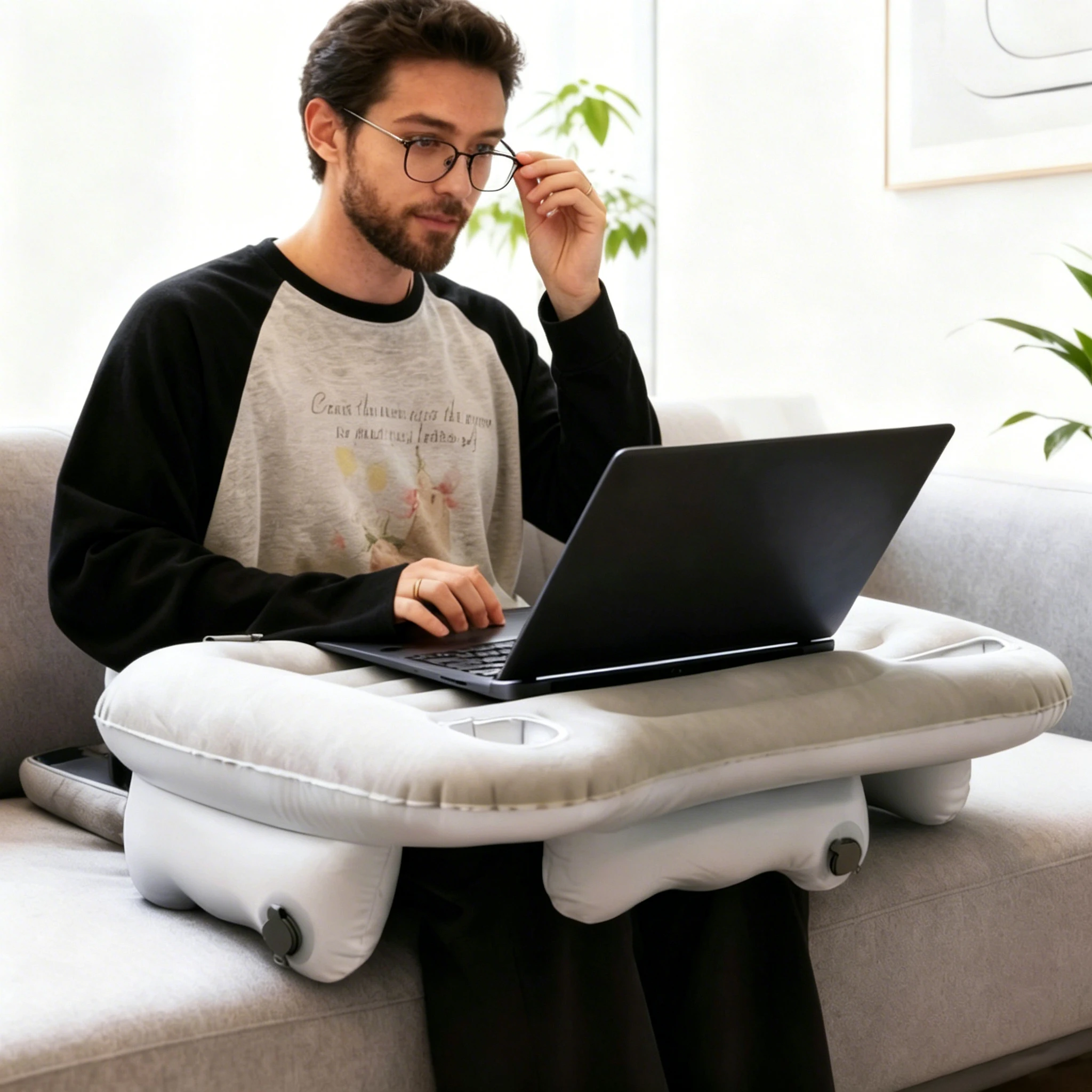 PVC Flocking Durable Eco-Friendly Convenient Inflatable Foldable Compact Grey Laptop Computer Desk Portable Home Office Reading