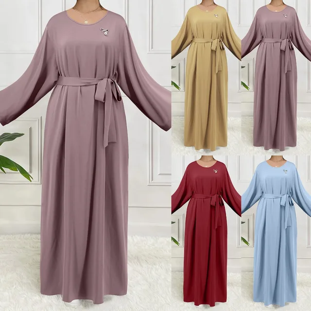 425 round neck belt muslin mid east clothing women's clothing for veiled women ethnic casual dresses asian women's clothing