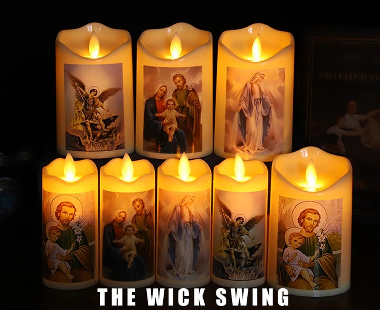 Wholesale Prayer Candles Swing Wick Flameless Led Candle Religious Pillar Jesus Led Candle With