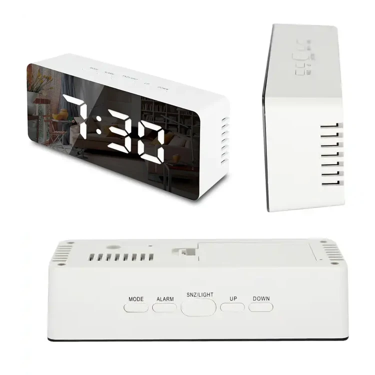 Modern Mirror Design Digital Display Snooze Alarm Adjustable Brightness Dual Power Supply Electronic Clock for Home Travel