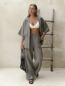 Women's Cross-border Cotton Full Length Pants Set 2026 Spring/Summer New Style Loose Fit Casual Suit Bow Shirt No Sleeves