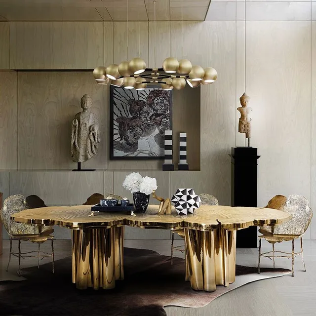 24K Gold Stainless Steel Table Villa Hotel Luxury Dining Table High-end custom modern creative tree pattern dining table