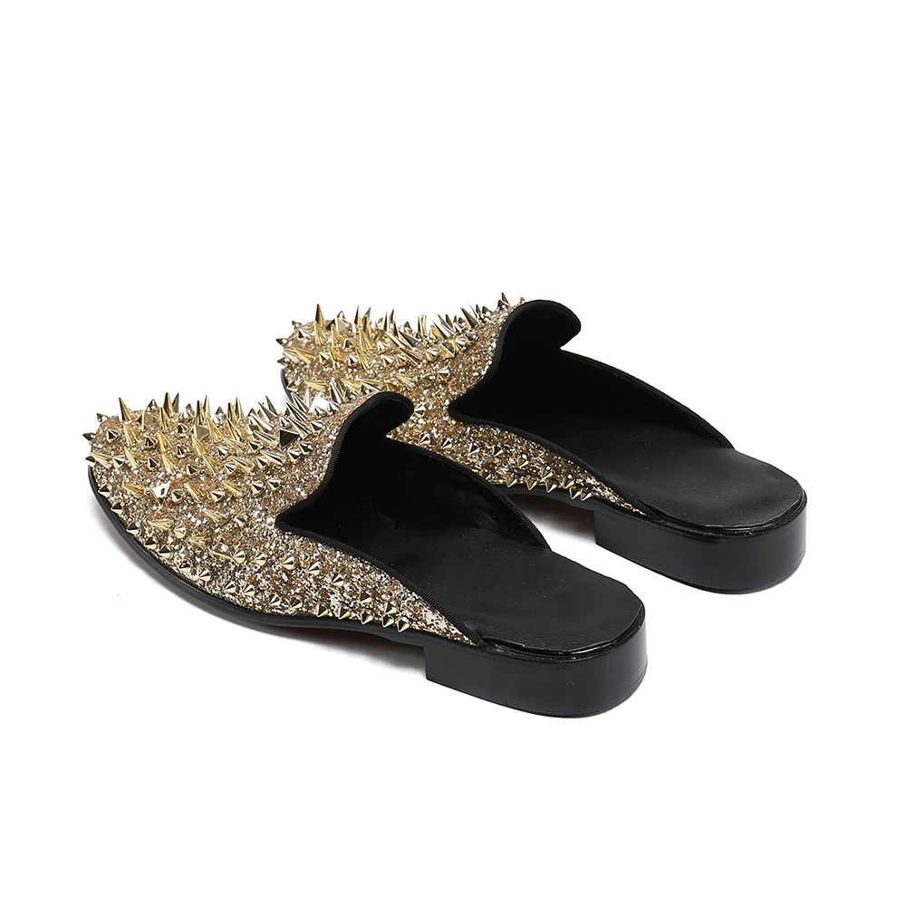  jingyibest Men's Glitter Loafers Spikes Slippers,Formal Porm  Dress Shoes Slip-on Flats Long Rivet Party Wedding Shoes（7.5 ，Black）,  Black-9