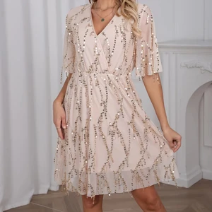 Women's Deep V-Neck A-Line Evening Dress Sequins Empire Waistline Woven Breathable Casual Solid Pattern Knee Length for Spring