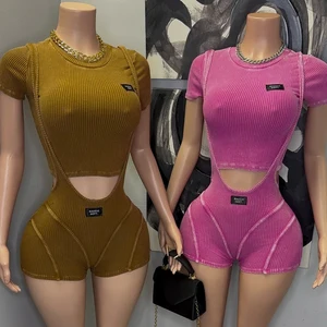 Huili Manufacturer Custom Logo High Quality Acid Wash Ribbed Crop Top & Shorts Outfits Sports Jumpsuits Two Piece Set for Women