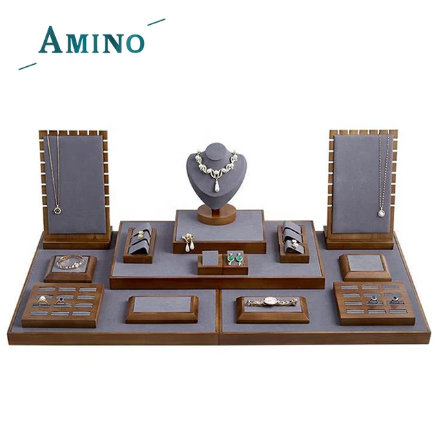 Amino 2024 Solid wood Velvet jewelry props  ring pendant  tray bracelet necklace display sets