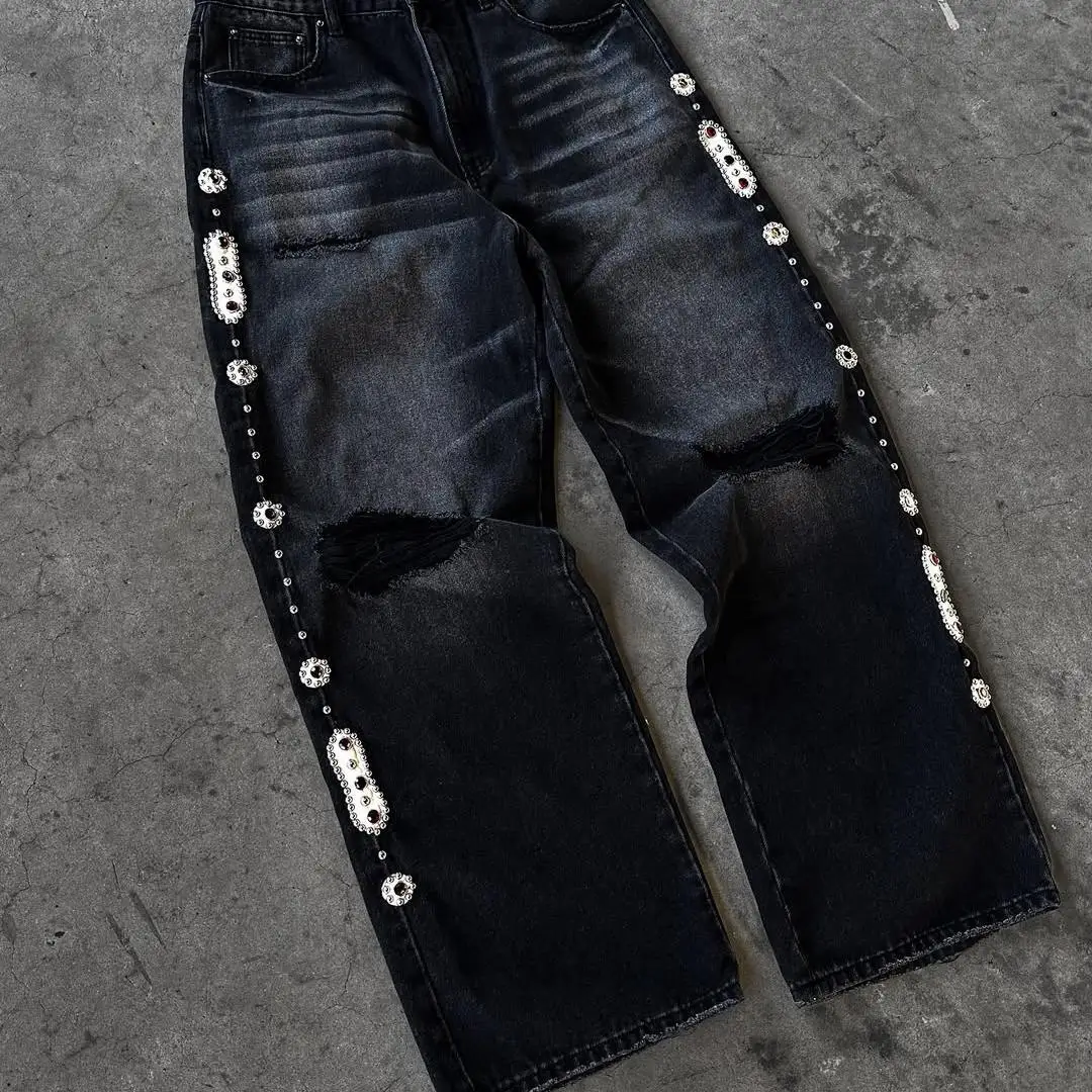 Wysokiej klasy spodnie dżinsowe dla mężczyzn z efektem starzenia i przetwarzania w stylu vintage z nitami, o wadze 300 g, ciężkie, luźne