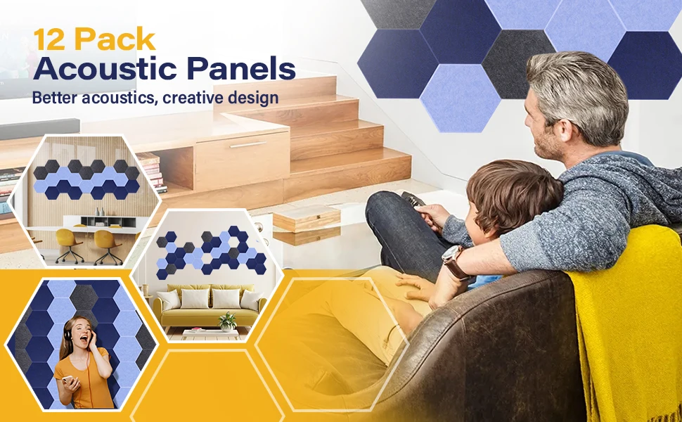 Large 12-Pack 14x12x0.4 Inches Self-Adhesive Hexagon Acoustic Panels Modern Design Wall Soundproof Dampening for Bedroom Walls factory