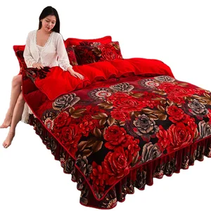 Factory Price and High Quality King Size 100% Polyester Red Rose Bedding Sets  Luxury Bed Skirt Set