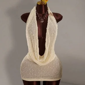 Viviblook Z811DS03 New Ladies Dresses Sexy Hot Girl Knitted Halter Sleeveless Knitted  Evening Casual Mini Dresses