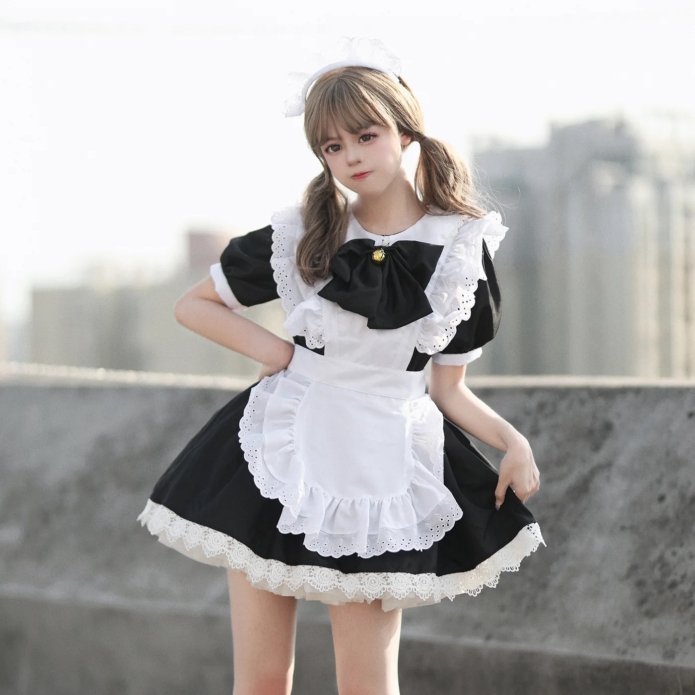 black and white maid dress Women Japanese Style Black White Long Sleeves Ruffles Maxi Maid Dress  Cosplay