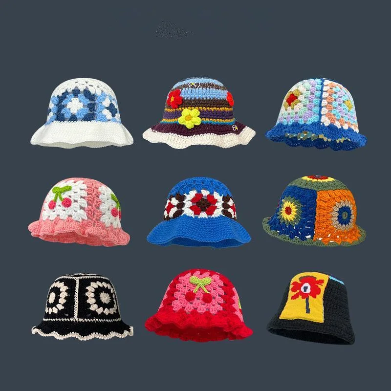 Wholesale Sweet Flower Crochet Hand Knit Bucket Hat Vintage Flower Cotton Hand Knitted Hollow Fisherman's Hat