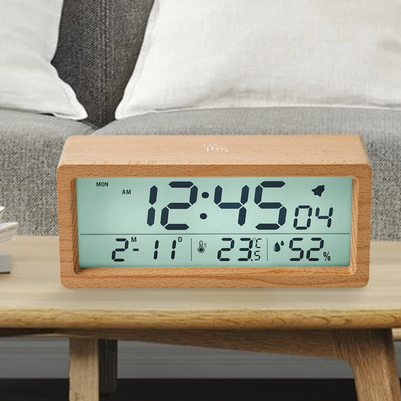 New Wooden Style Beautiful LCD Screen Digital Home Bedroom Calender Temperature Humidity and Snooze Electric Clock