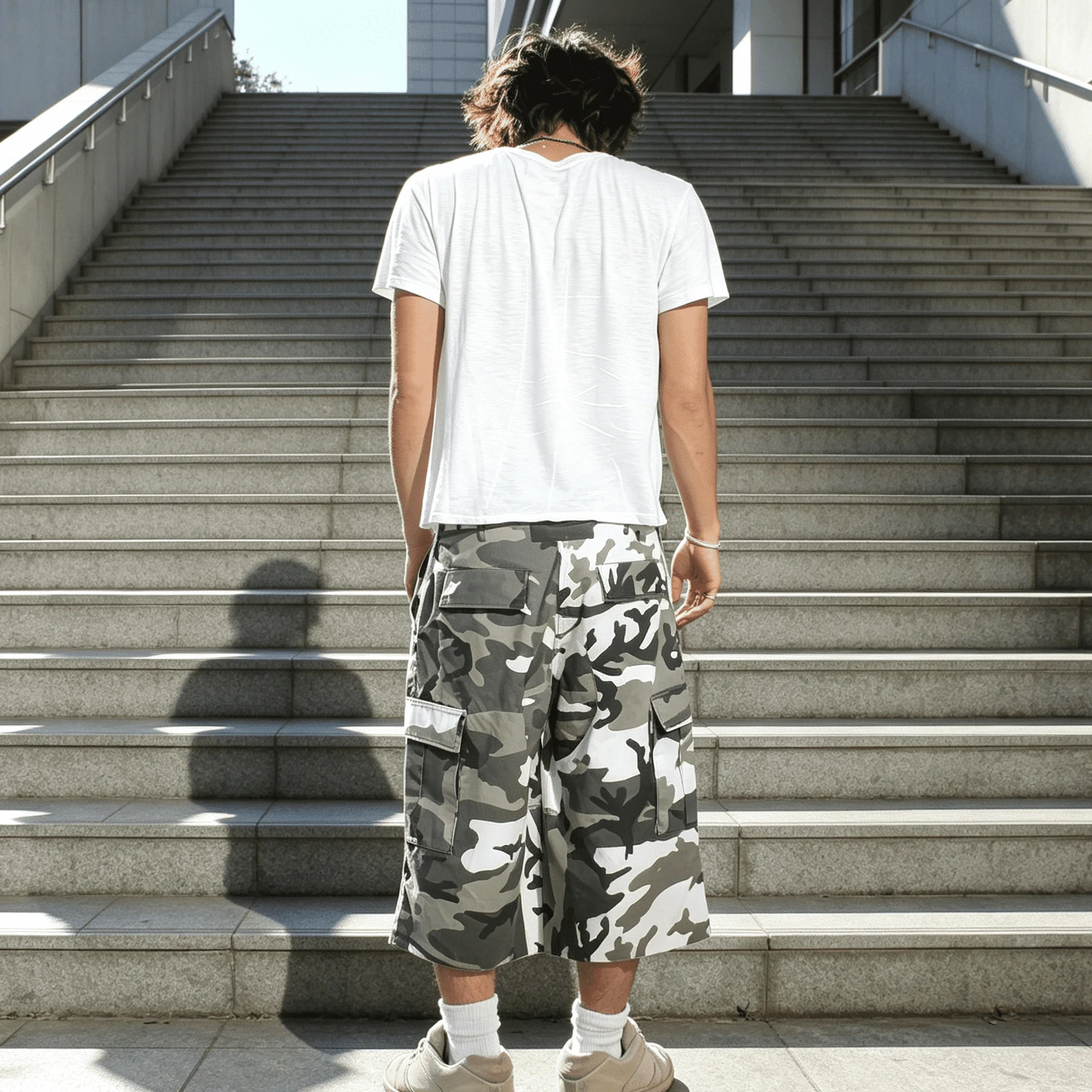 Custom Snow Camo Baggy Capri Cargo Pants Men Multi Side Pocket Wide Leg Streetwear Outdoor Skate Mid Calf Trousers gallery 3