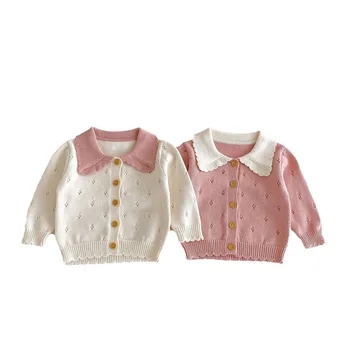 Ins Autumn clothing 2024 Children Baby Girl jacquard hollow lapel sweaters cotton yarn long sleeve cardigan