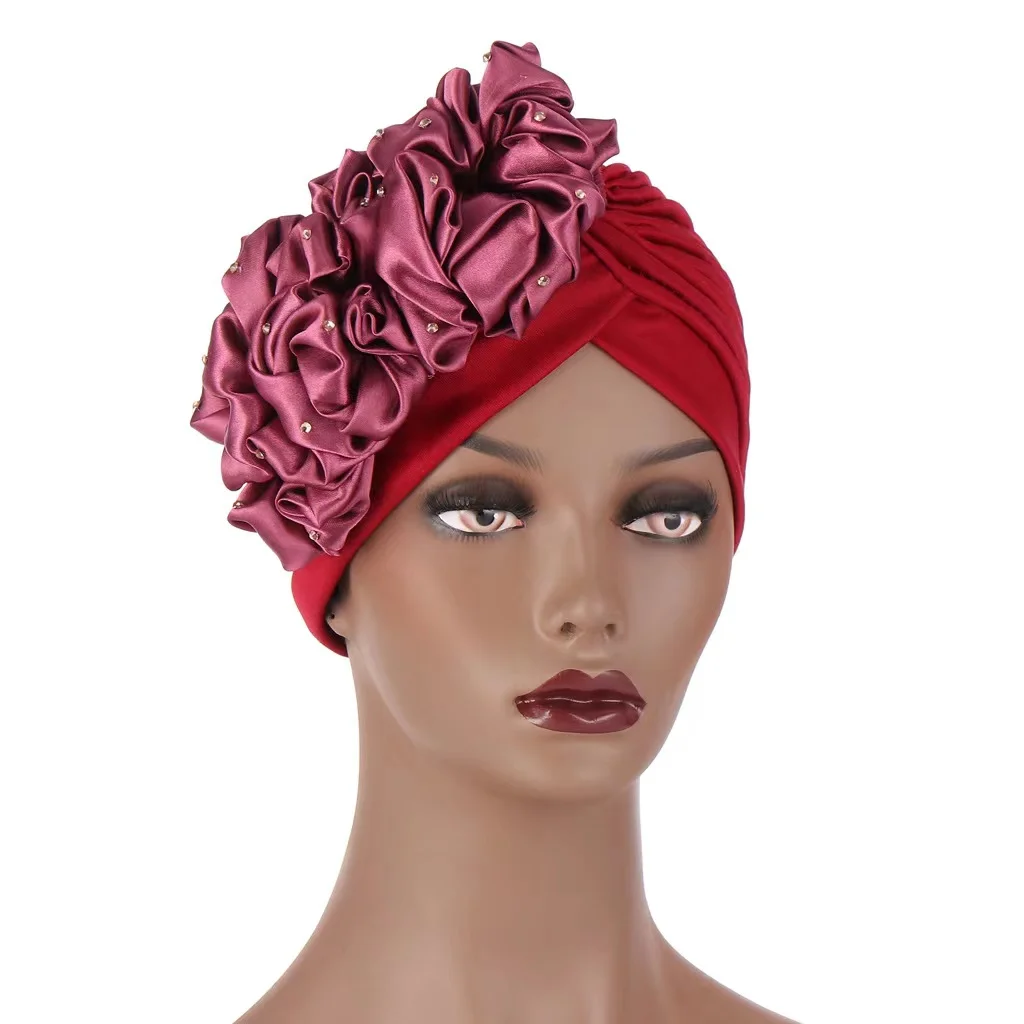 African Turban Hat Large Flower Withe Beads and Pearls