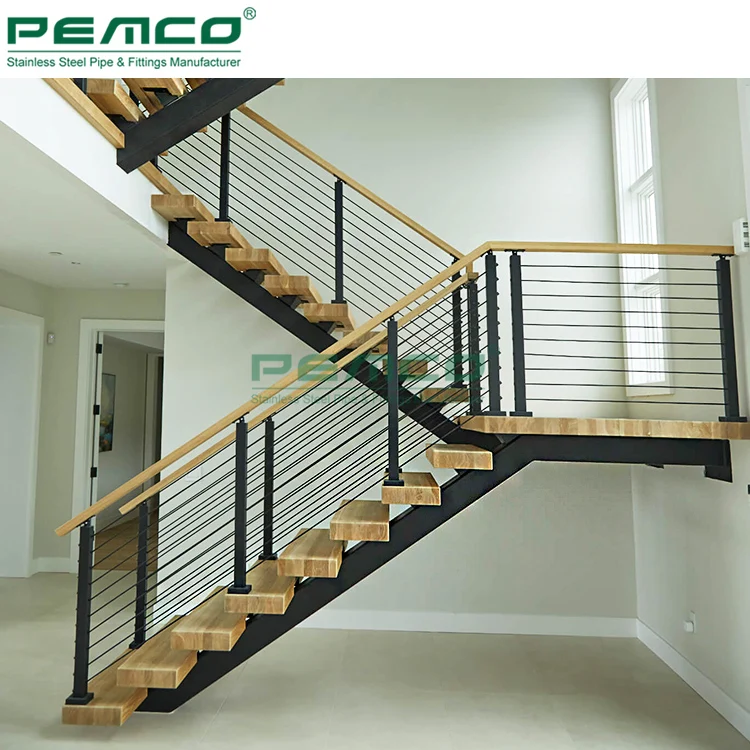 Open Riser Staircase Design With Center Pipe Railing Stainless Steel Railing Straight Mono Stringer Stairs for House