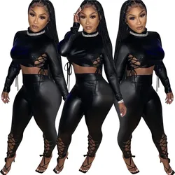 F190-womens luxury clothing 2021sexy pu leather bandage long sleeve women sets two piece crop top