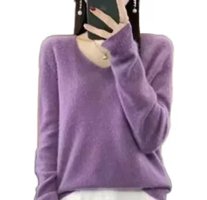 Women's V Neck Pullover  Knit Loose Bottom Sweater Autumn/Winter New Solid Color Breathable Casual Style