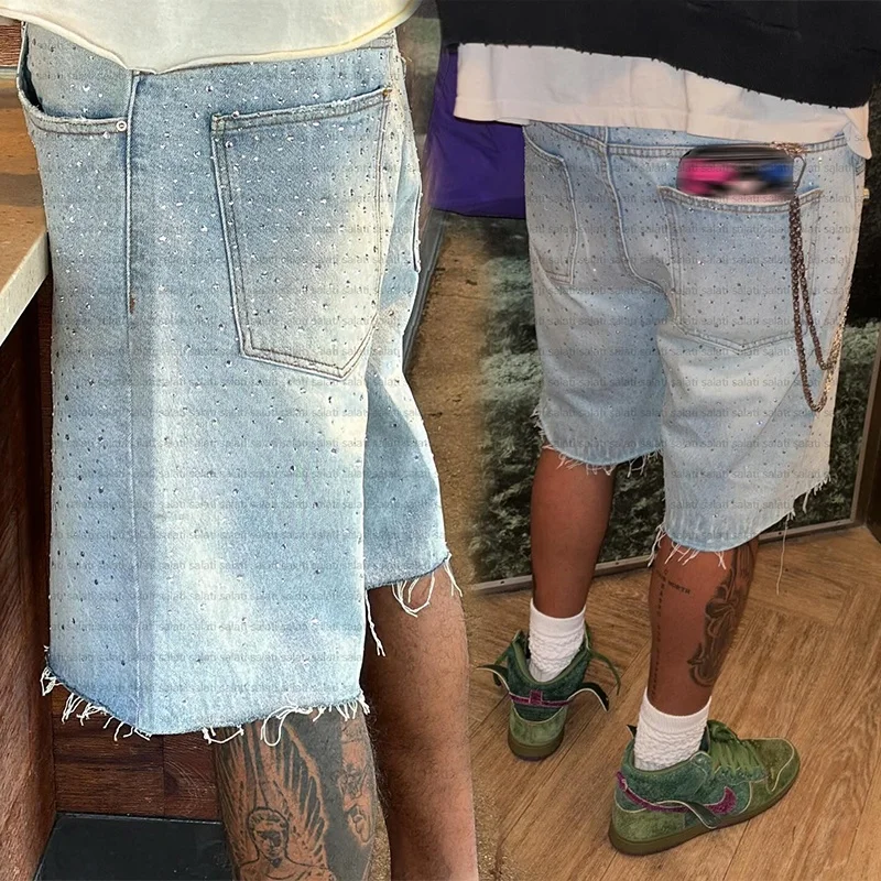Jorts Manufacturer Custom Oversized Cotton Vintage Blue High Waist Rhinestone Acid Wash Baggy Trousers Jeans Denim Short for Men gallery 2