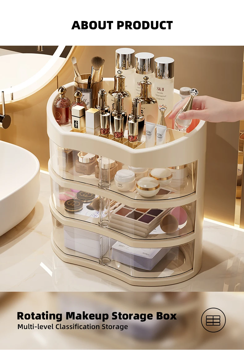 3 tier clear bathroom countertop organizer rotating cosmetic organizer clear plastic makeup organizer with drawers-2