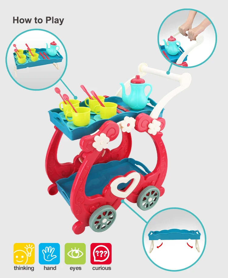 Afternoon Tea Cart Toy 18pcs Kids Teacup Set Pretend Play Set Kitchen