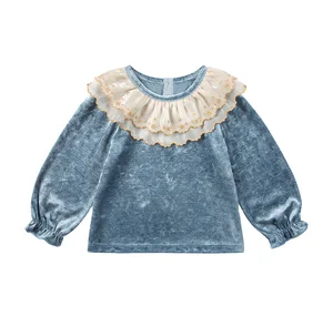 Fashion Kids Clothes OEM & ODM Velvet Tops for Girls Casual Ruffles Long Sleeve Lace Organza Collar Cotton Shirts Latest Design