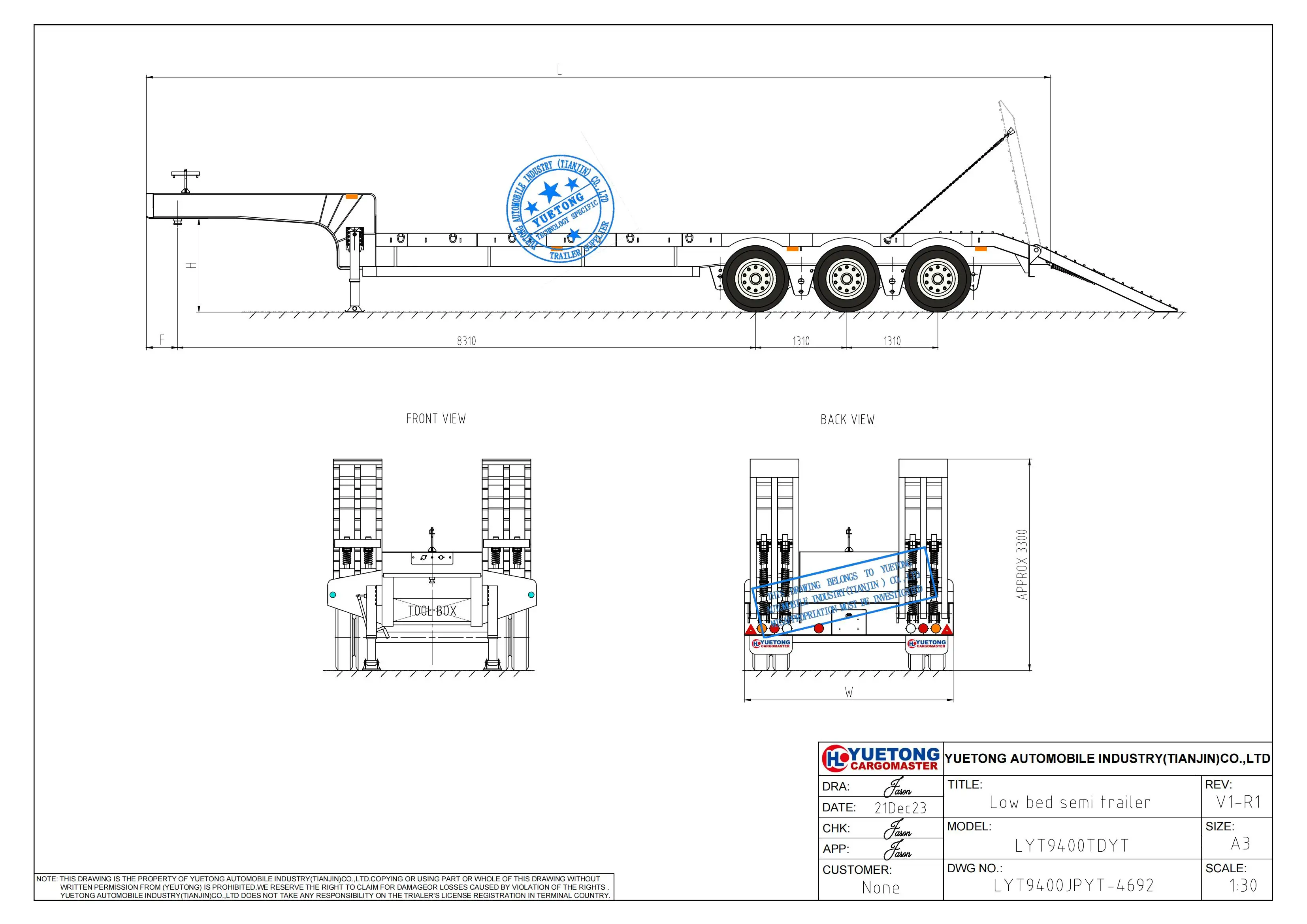 3 Axles Low Bed Trailer Trucks For Tractor Head Led Truck Bolts Type Or 