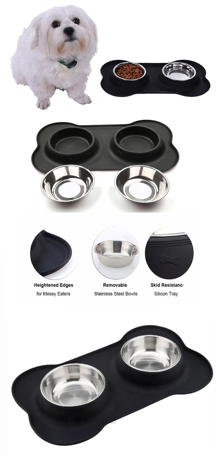 2 Stainless Steel Dog Bowl With No Spill Nonskid Silicone Mat + Pet