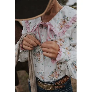 POXIAO manufacturer Women long sleeve full Button Australian 100%cotton floral printing vintage Western country arena Blouse