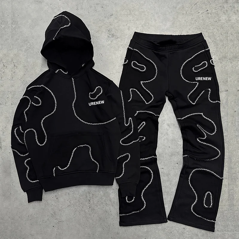 OEM Custom Embroidery Patch Sweatsuit Wash Vintage Hoodie Distressed Embroidery Straight Leg Flared Sweatpants and Hoodie Set