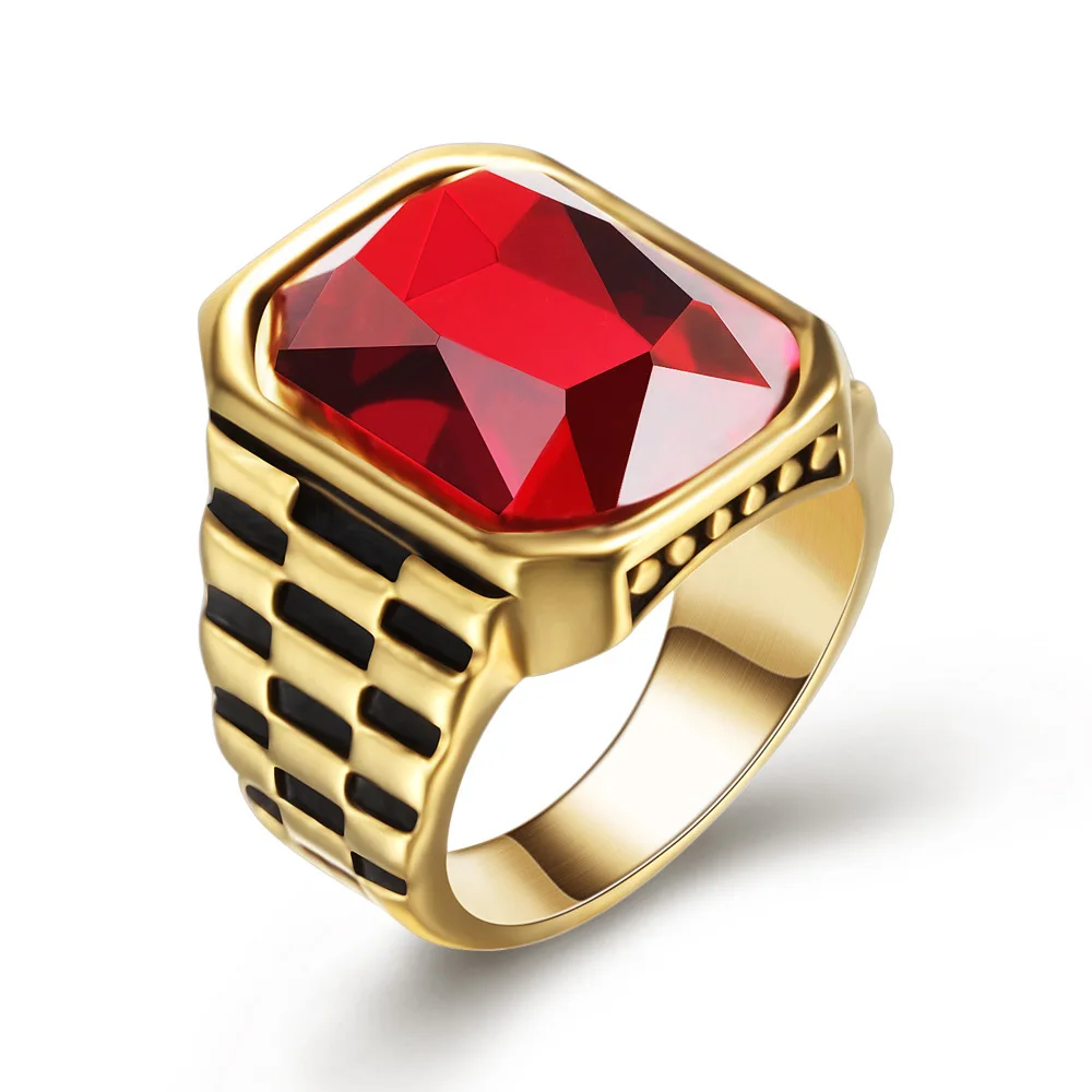 MASOP Big Crystal Cocktail Mens Rings Stainless Steel Jewelry Luxury Red  Stone Fashion Party Ring